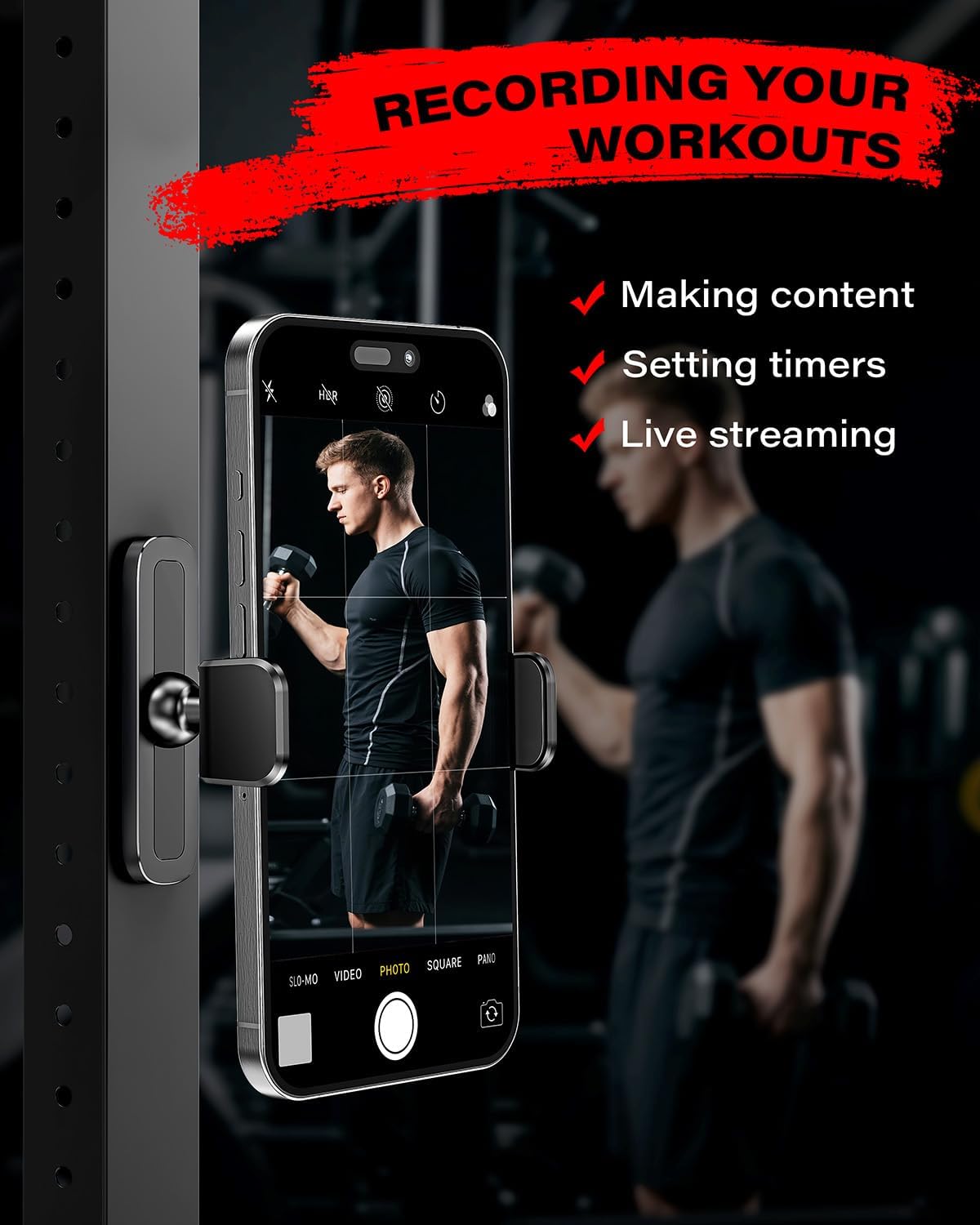 Magnetic Gym Phone Holder – 360° Adjustable Strong Grip Mount for iPhone & Android