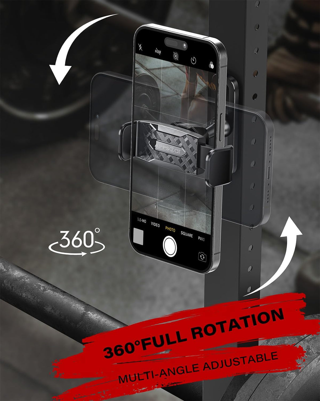 Magnetic Gym Phone Holder – 360° Adjustable Strong Grip Mount for iPhone & Android